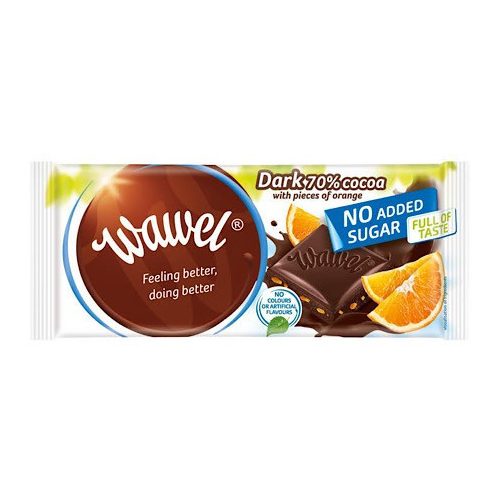 Wawel, Narancs ízű étcsokoládé, narancs darabokkal, hozzáadott cukor nélkül, édesítőszerrel, 100g
