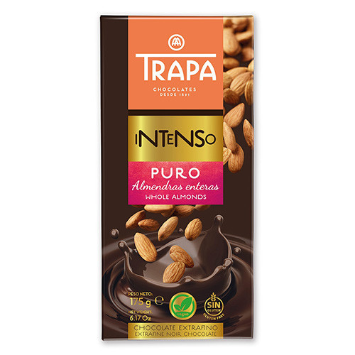 Trapa Intenso, Étcsokoládé tábla, egész mandulával, 55% kakaótartalommal (almendra), 175g