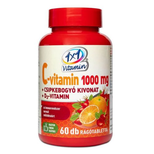 1x1 Vitamin C-vitamin 1000 mg + D3-vitamin csipkebogyó kivonattal, narancsízű étrend-kiegészítő rágótabletta édesítőszerekkel (60 db)