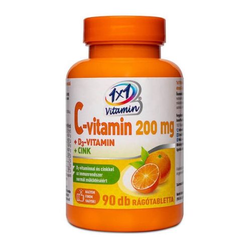 1x1 Vitaday C-vitamin 200 mg + D3-vitamin + Cink narancsízű rágótabletta édesítőszerekkel (90 db)
