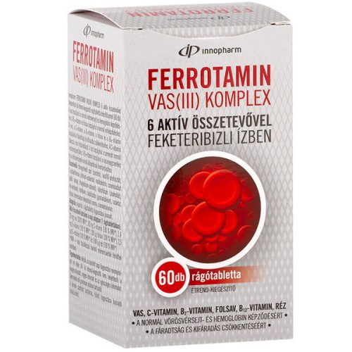Innopharm Ferrotamin Vas (III) komplex étrend-kiegészítő rágótabletta 6 aktív összetevővel, feketeribizli ízben, édesítőszerrel (60 db)