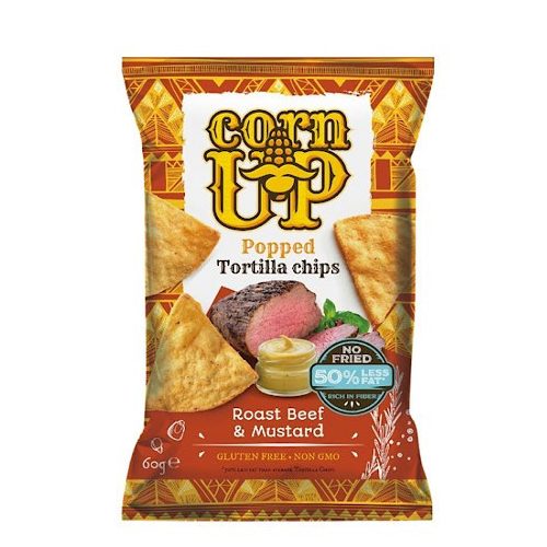 Corn Up, teljes kiőrlésű sárga kukorica Tortilla chips, marhahús és mustár ízesítéssel, 60g