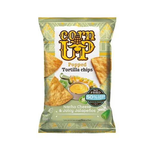 Corn Up, teljes kiőrlésű sárga kukorica Tortilla chips, Nacho sajt és Jalapeno ízesítéssel, 60g